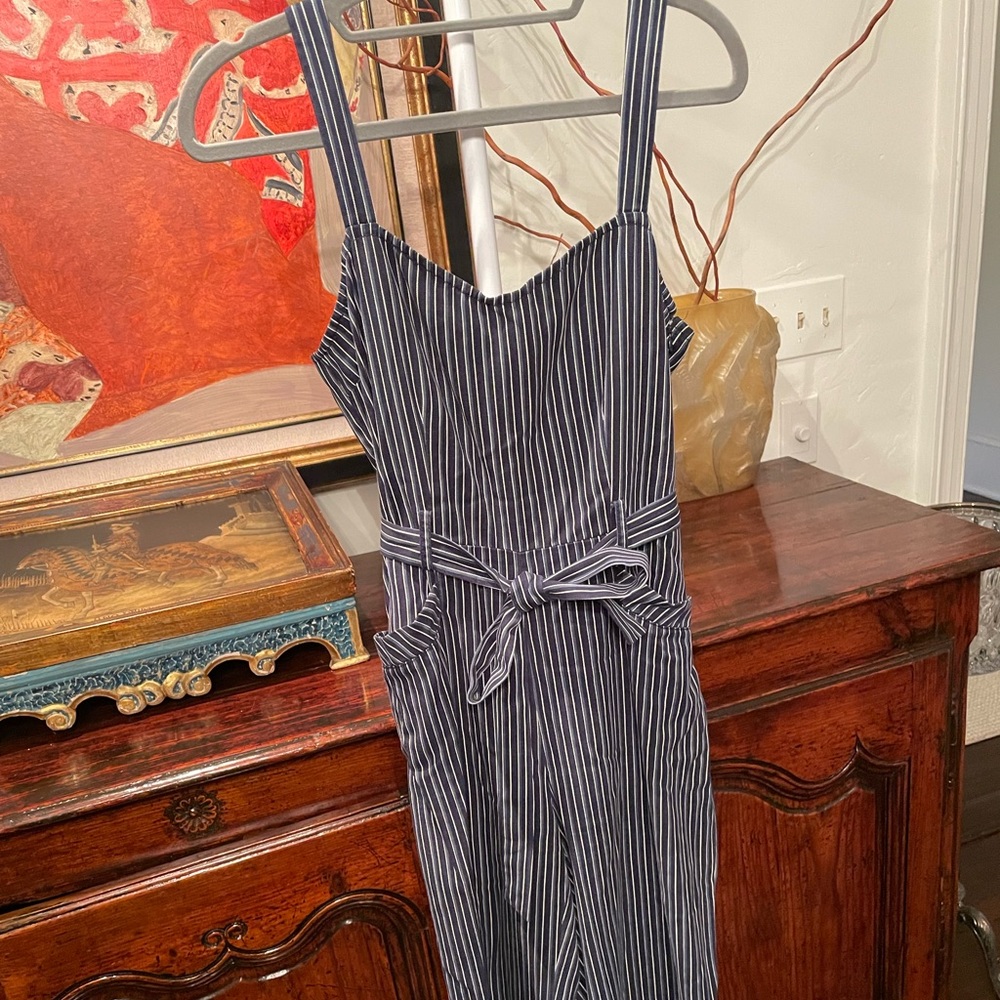 EUC Paige size small navy blue striped jumpsuit